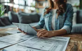 Woman with laptop reviewing taxes